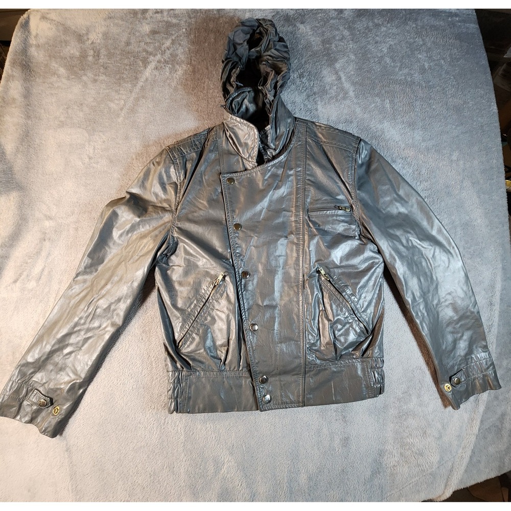 Bermans Mens Jacket 36‎ Gray Leather Bomber Motorcycle Zip Liner Hood Vintage